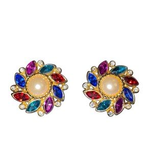 Vintage Pair of Multicolored Clip On Earrings Grannycore Retro Luxury Jewelry